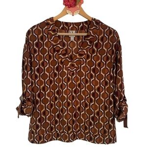 Worthington brown circle print v neck roll tab sleeve chiffon blouse size S